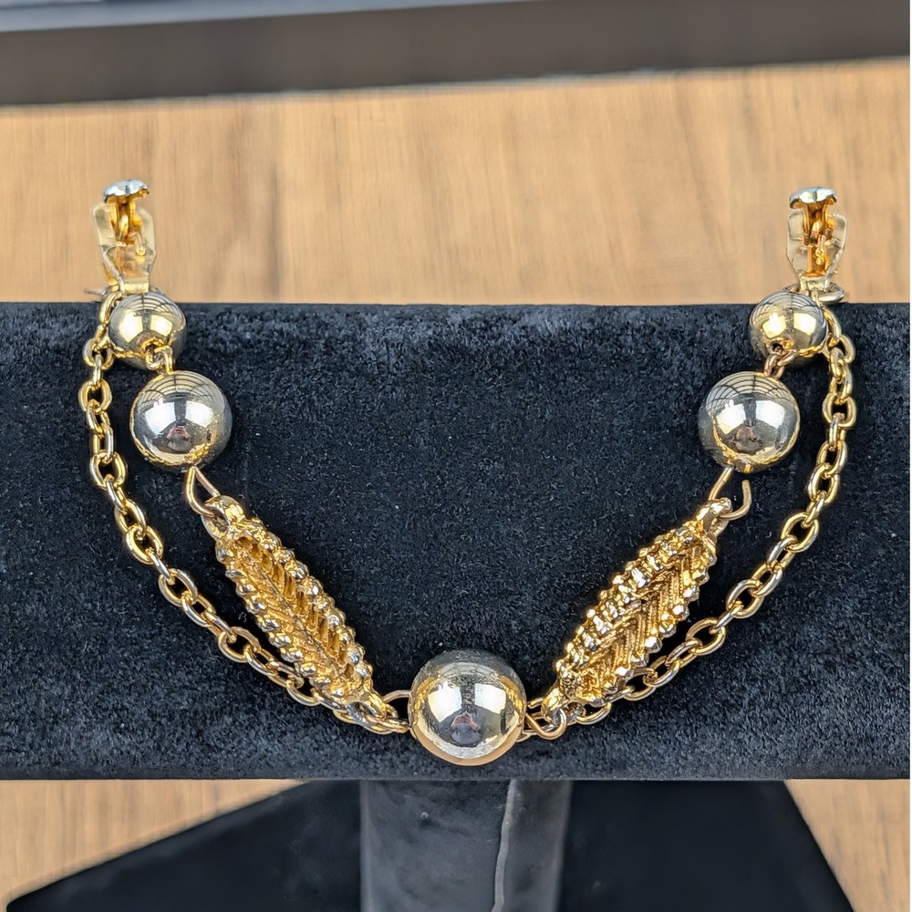 Vintage Gold Tone Double Chain Sweater Guard Clip Floral Engraved Leaf Spheres